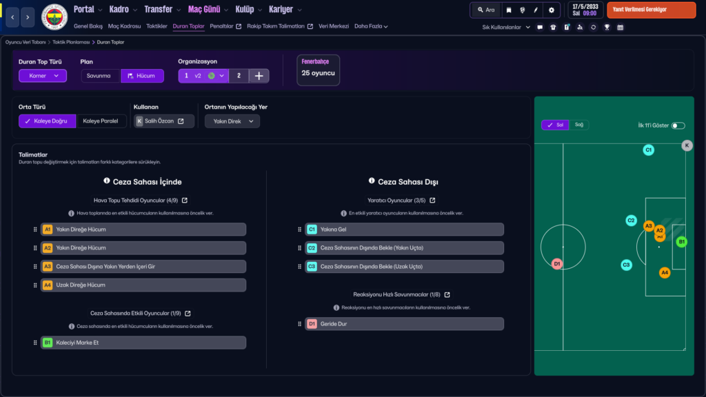 FM 2026 korner taktiği hücum yerleşimi yakın direk organizasyonu